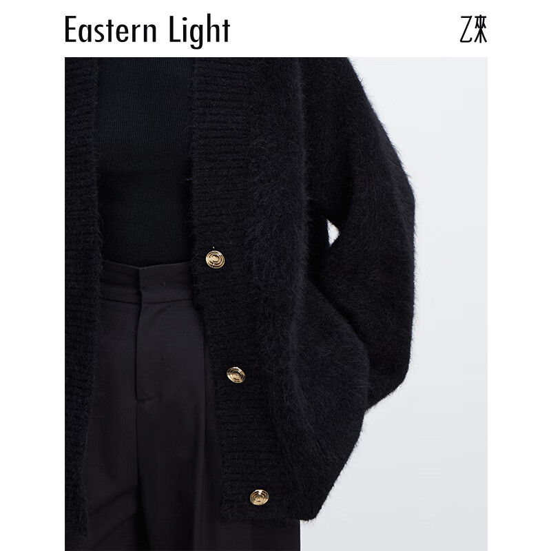 乙来（EASTERN LIGHT）【Alpaca羊驼毛长毛】秋冬针织开衫衣保暖外套 上衣-优雅黑 S