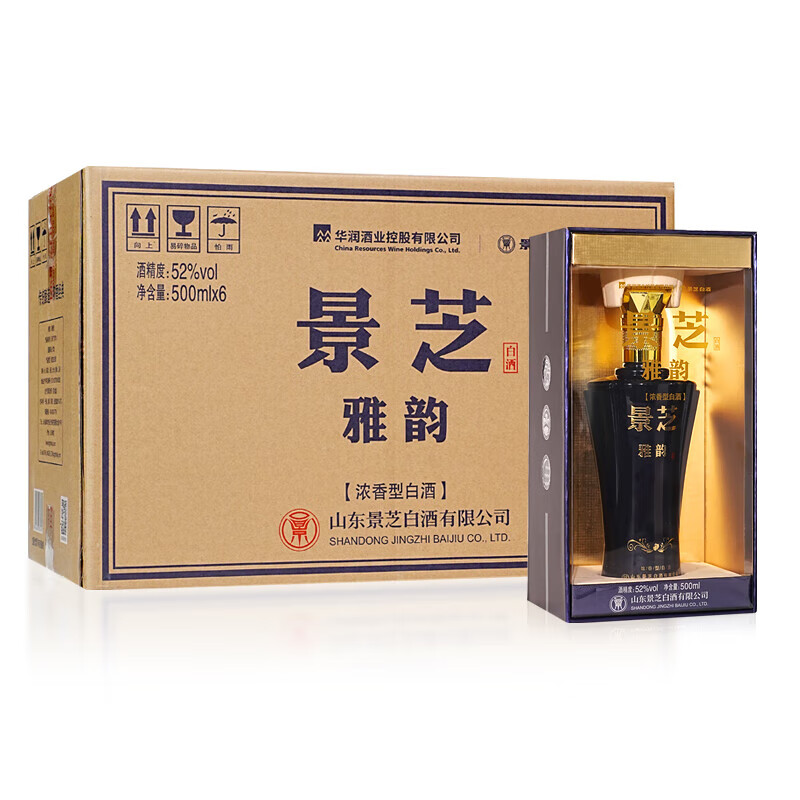 景芝雅韵 52度浓香型白酒500ml 纯粮酒送礼商务宴请白酒整箱山东白酒 52度 500mL 6瓶 原箱配3个手提袋