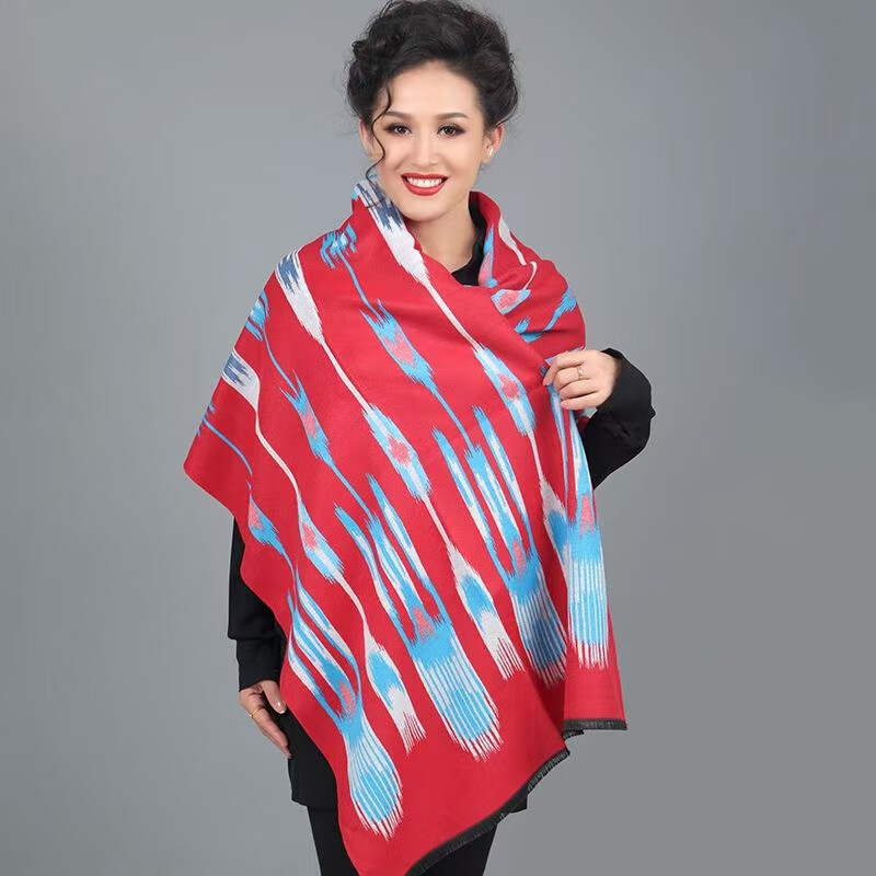 新疆艾德莱斯披肩围巾提花披肩冬季旅游拍照新疆礼物围巾披肩 大红