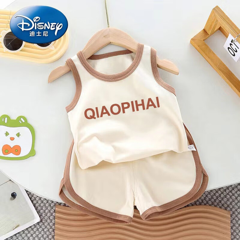 迪士尼（Disney）宝宝背心套装夏季薄款纯棉儿童无袖短裤男女童洋气两件套婴儿夏装 米色字母套装 90码(身高75-85cm)