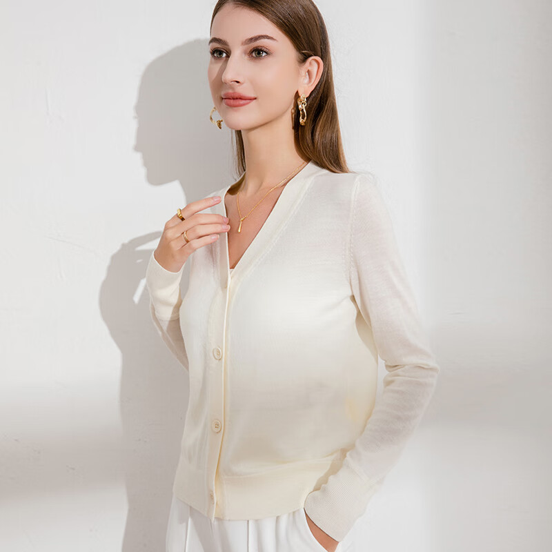德凯佳新款v领春夏针织衫外搭开衫纽扣纯色长袖外套上衣羊毛衫 米白 S