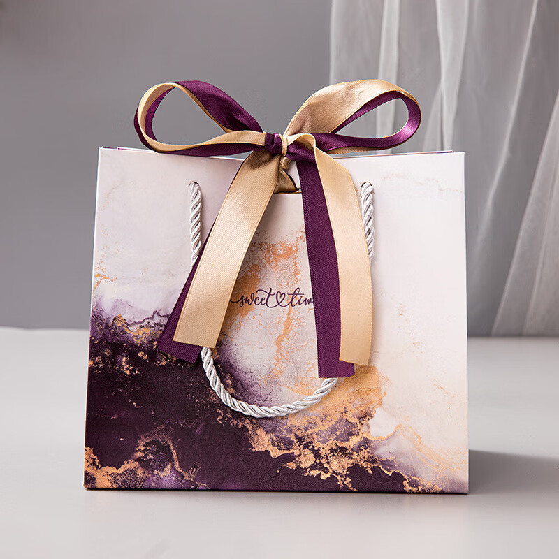 赞玥 3个装鎏金紫色大理石纹手提袋 商务礼品袋  服装袋 母亲节礼袋 鎏金紫色+双色丝带 大号 约36*25*12cm（3个）