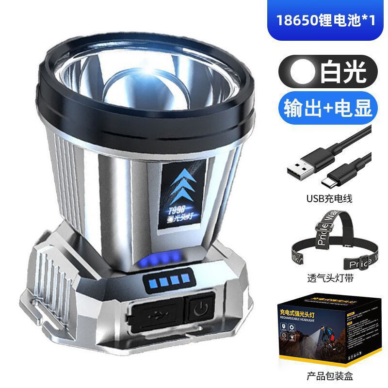 户外LED强光头灯多功能远射带电显输出长续航头灯露营钓鱼探照灯 T998头灯【电显＋充电线】双锂电白光（一套）