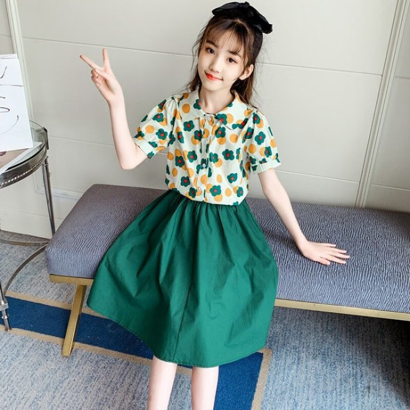 彩彩蛙(caicaiwa)女童套装裙夏季5-15岁女孩时尚衬衫半裙两件套中大童