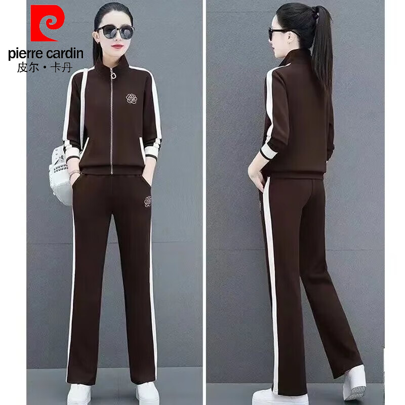 皮尔卡丹(pierre cardin)中老年运动套装女春秋外套新款卫衣洋气时尚减龄休闲跑步服三件套 咖啡色三件套 L