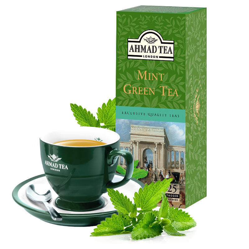 食芳溢英国AHMAD TEA亚曼进口茶叶摩洛哥风味薄荷味绿茶袋泡茶包25袋/盒 薄荷绿茶25袋*4盒赠杯