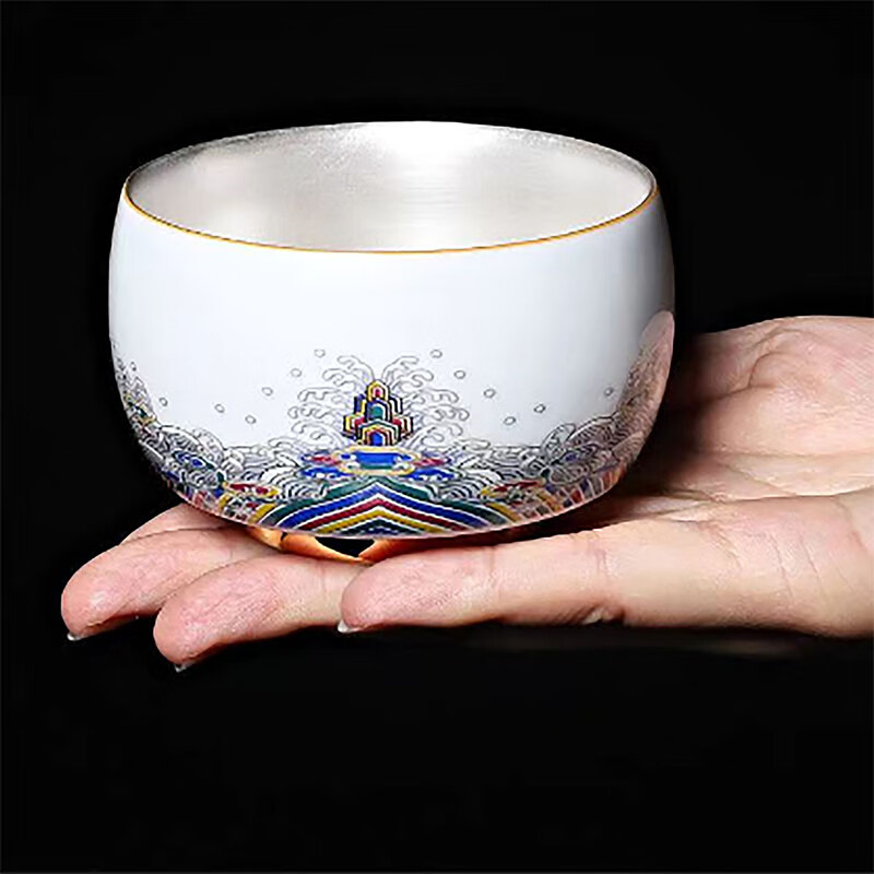 青天问月主人杯单杯鎏银杯999纯银包银陶瓷功夫茶具茶杯个人轻奢品茗礼盒 鎏银-白玉将军杯+礼盒 150ML