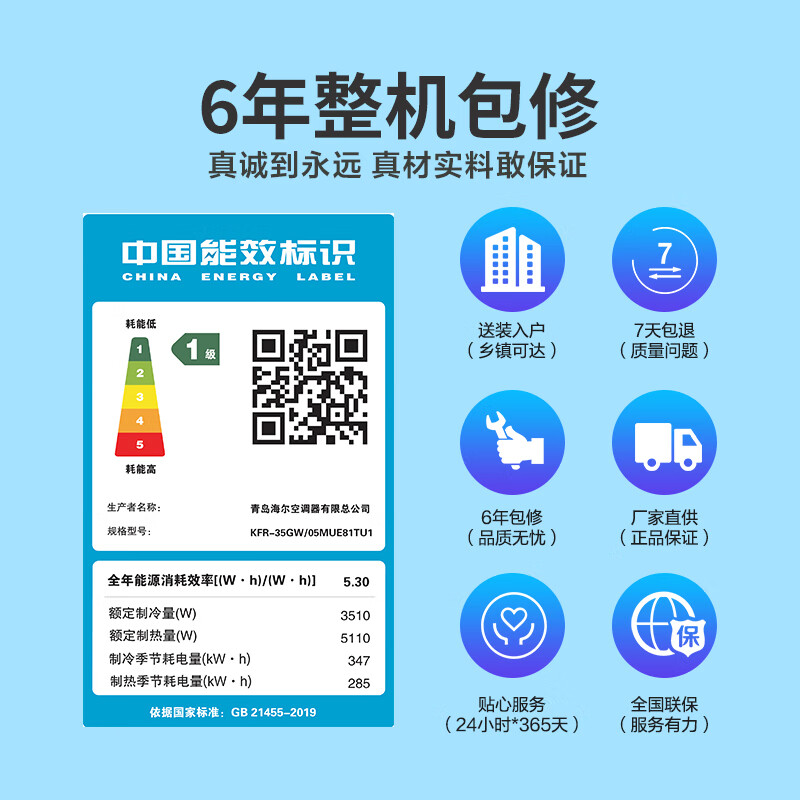 统帅【超省电】Leader空调 海尔智家出品 一级能效 变频冷暖自清洁 家用壁挂式卧室空调挂机 以旧换新 大1.5匹一级能效35MUE 超省电旋翼系列