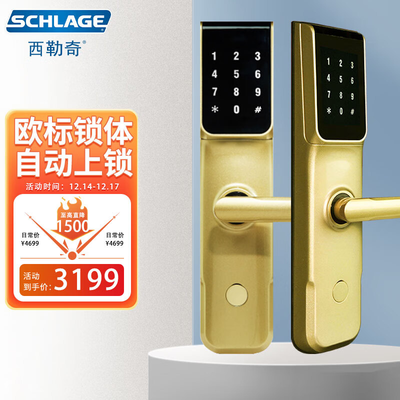 西勒奇（SCHLAGE）指纹锁智能锁密码锁电子锁防盗SC工程款欧标锁体自动上锁超C锁芯 SC201晨星金(密码+指纹+钥匙)