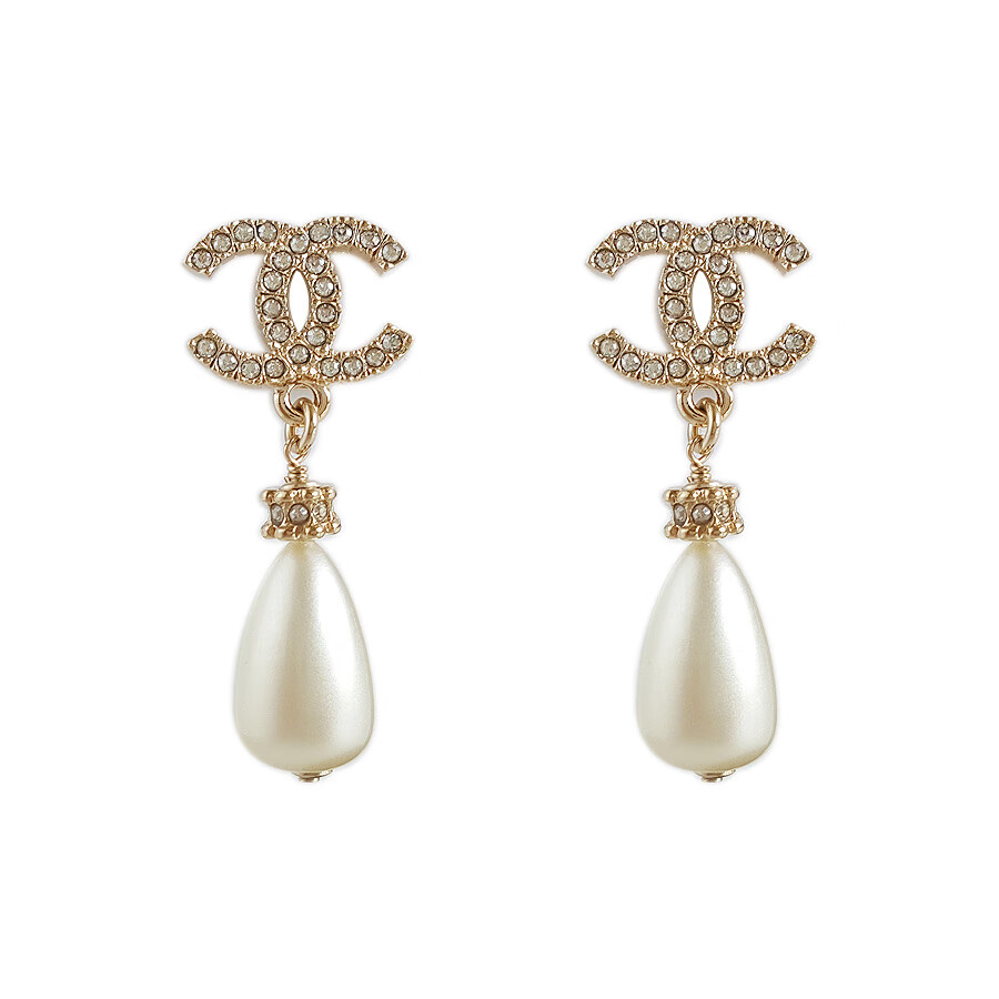【二手99新】chanel香奈儿 金色双c镶水钻水滴 珍珠耳环耳钉 香奈儿