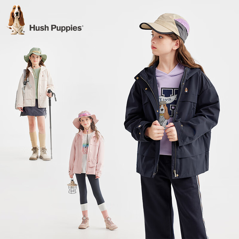 暇步士(Hush Puppies)【轻防护】童装儿童女大童秋季新款舒适三防时尚气质收腰风衣 藏蓝 150 cm