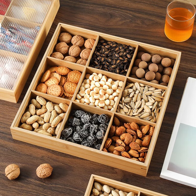 千年恋木干果盘围炉煮茶点心盘九格托盘水果零食家用客厅火锅配菜木格拼盘 九格32.5*32.5*5cm（无盖） 1层