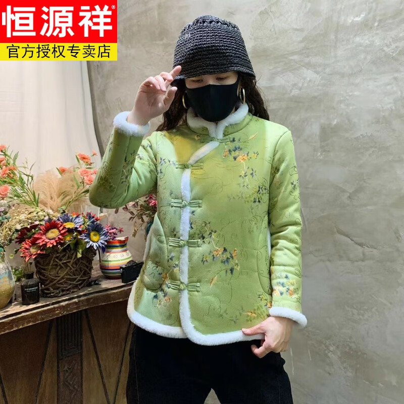 装新款加绒加厚花色棉衣外套东北大花棉袄民族中国风 金枝玉叶绿色 xl