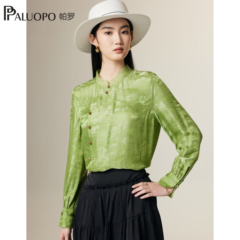 帕罗（PALUOPO）新中式国潮长袖衬衫女真丝立领盘扣水滴袖口提花国风新款衬衣 绿 XL (170/92A)