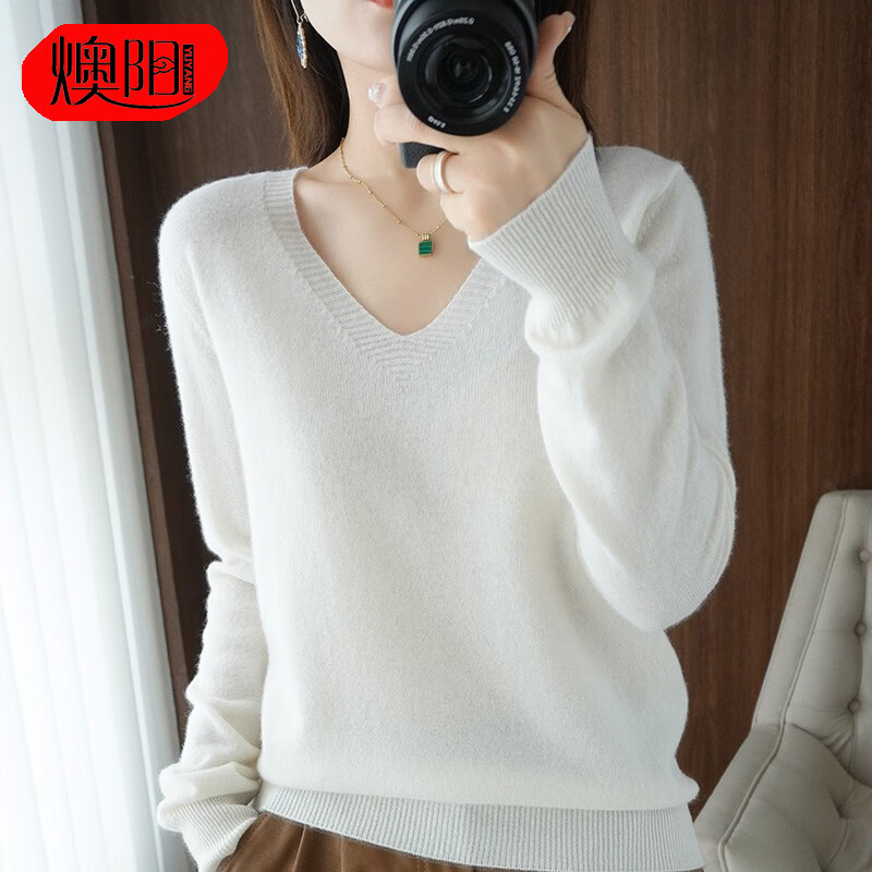 燠阳2025秋冬新款时尚V领打底套头针织衫宽松百搭长袖上衣 套头V领-白色 L 【100-120斤】