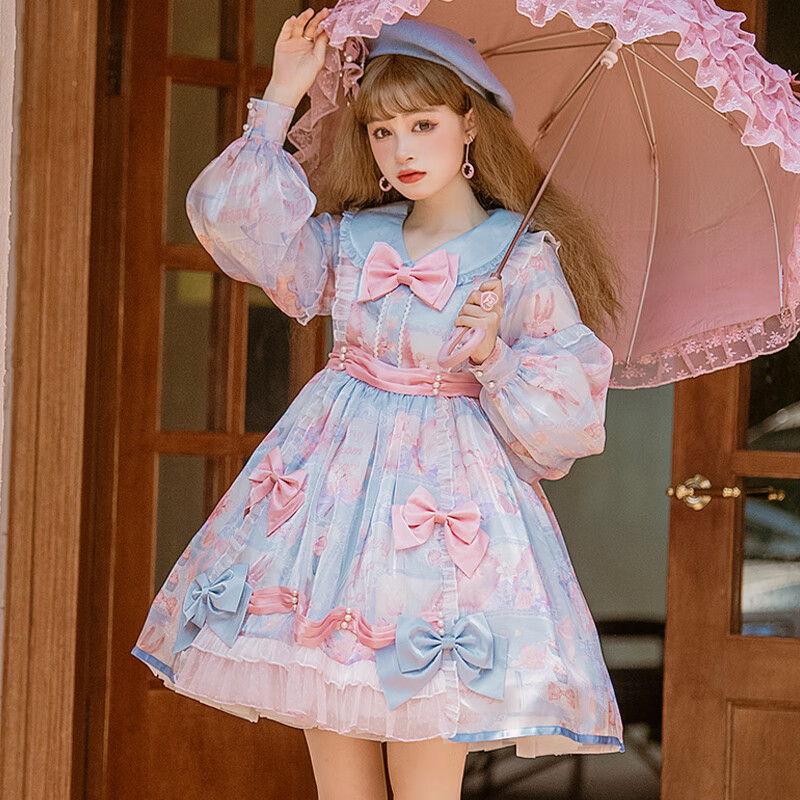 yeae樱花糖纸lolita裙少女长袖连衣裙秋甜美公主裙娃娃领可爱洋装