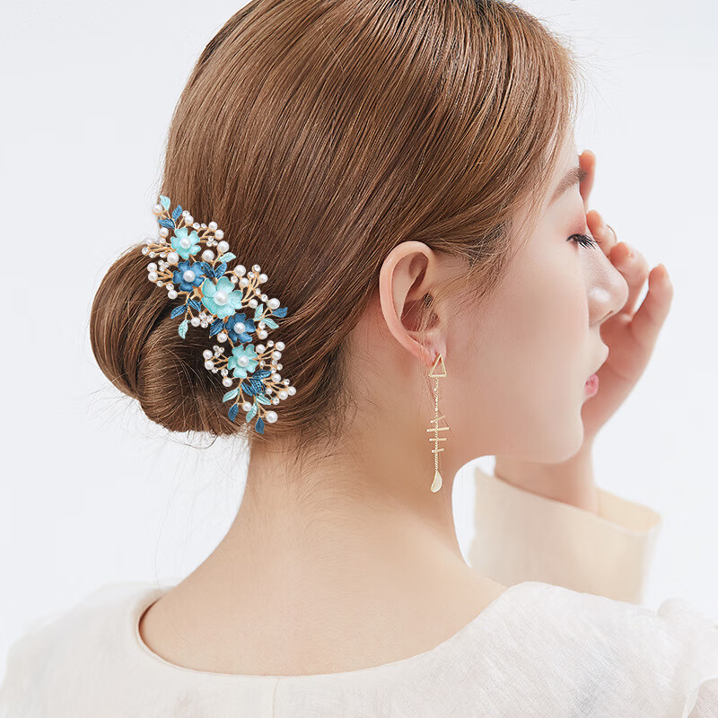 婚礼烤漆花卉发梳玫瑰花朵合金女士发饰新娘盘发插梳 FS20921蓝