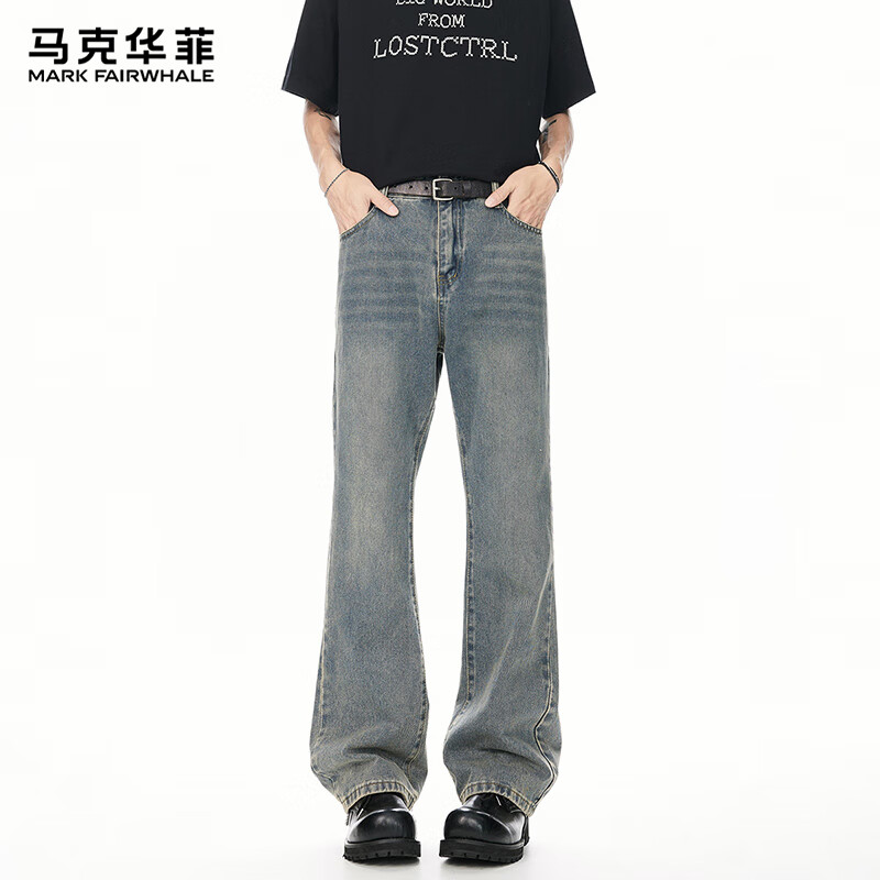 马克华菲复古水洗牛仔裤男士夏2025夏季新款青年直筒宽松阔腿裤 复古蓝L