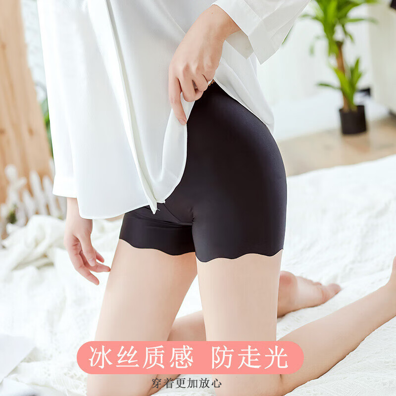 雪茜曼冰丝安全裤3条装夏季防走光短裤女士性感打底保险裤蕾丝不易卷边 黑色+肤色+白色 170