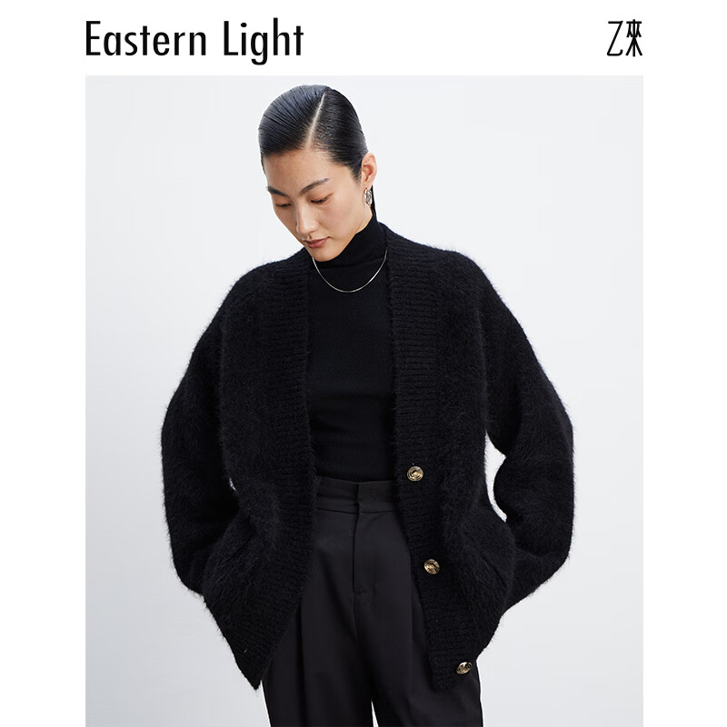 乙来（EASTERN LIGHT）【Alpaca羊驼毛长毛】秋冬针织开衫衣保暖外套 上衣-优雅黑 S