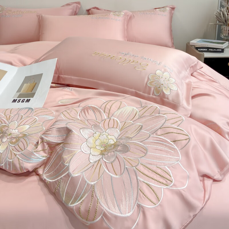 感高端双面冰丝被套四件套真丝滑裸睡床单天丝被罩床品 花韵-公主粉