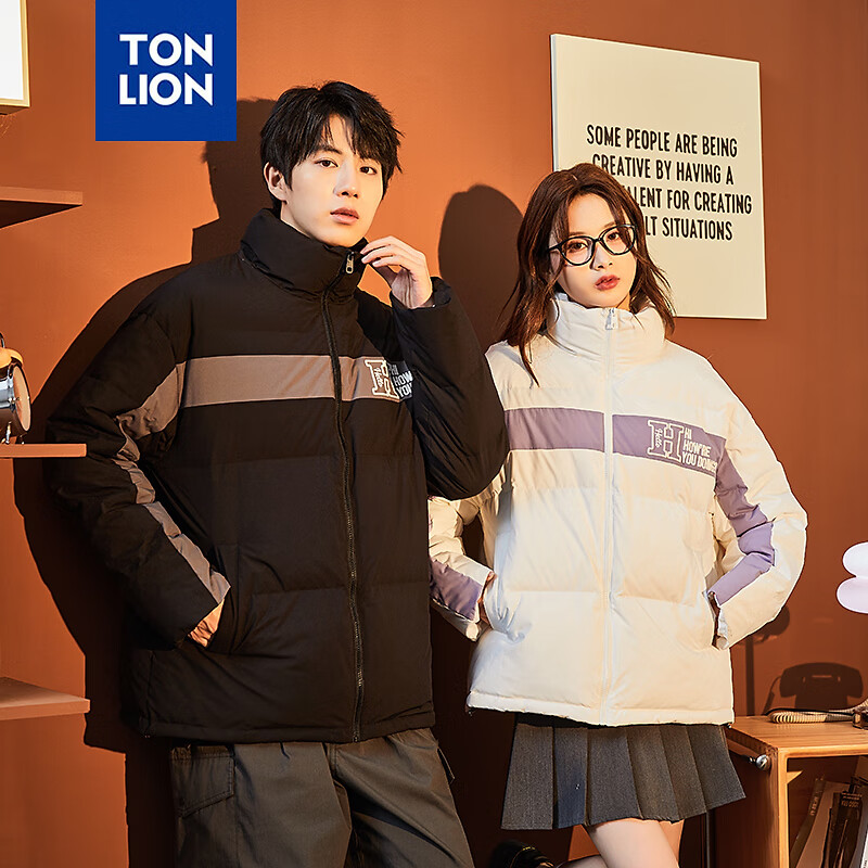 唐狮冬季新款情侣装羽绒服男女加厚立领面包服保暖拼接撞色外套 男款黑色 XXL