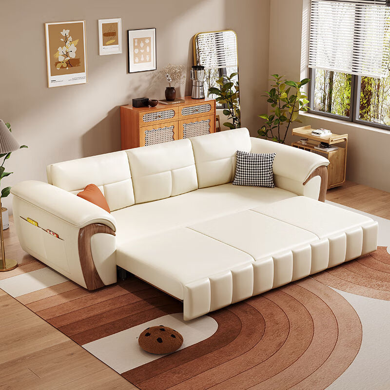 三世桃源小户型高档多功能沙发床坐卧两用伸缩客厅折叠储物现代猫爪皮沙发 五防猫爪皮-米白色 外径1.4米海绵垫+储物箱