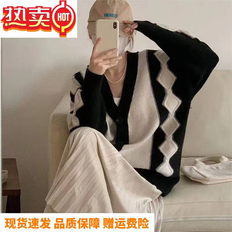 uhfv韩版宽松毛衣外套女设计感复古菱格开衫慵懒休闲针织衫女 黑门禁