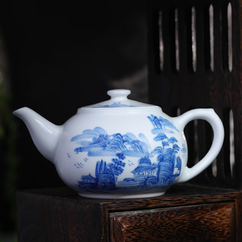 山水画茶壶 手绘山水青花白瓷茶壶景德镇陶瓷冲茶壶大小号泡茶壶 手绘