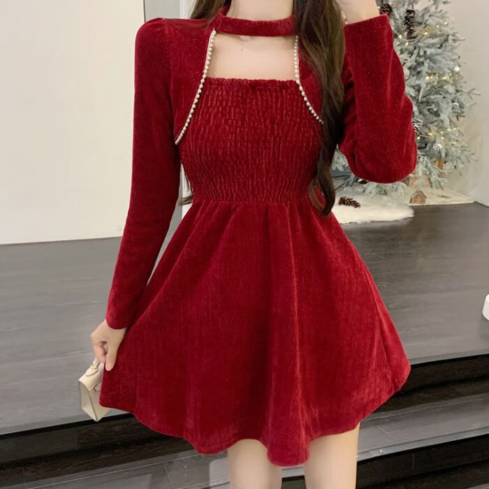 红色连衣裙【金丝绒 短裙】 s 建议90斤以下