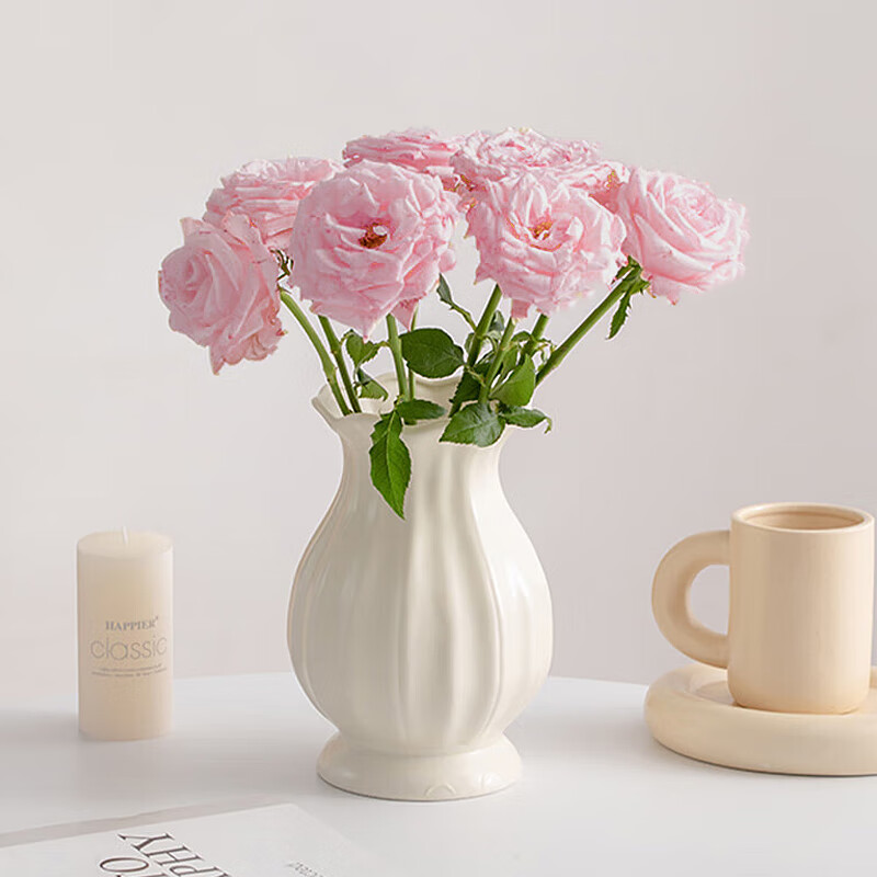 京东鲜花 法式陶瓷小花瓶高级感插花复古美式玫瑰客厅摆件白色艺术奶油风