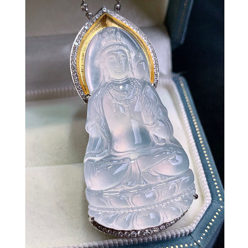 月亮阿姨  翡翠高冰种白冰观音吊坠18k镶嵌缅甸a货翡翠男女款珠宝项链