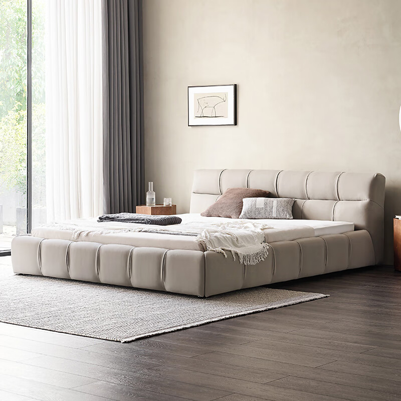 杋起极简网红泡芙床磨砂布真皮床简约设计师主卧室双人1.