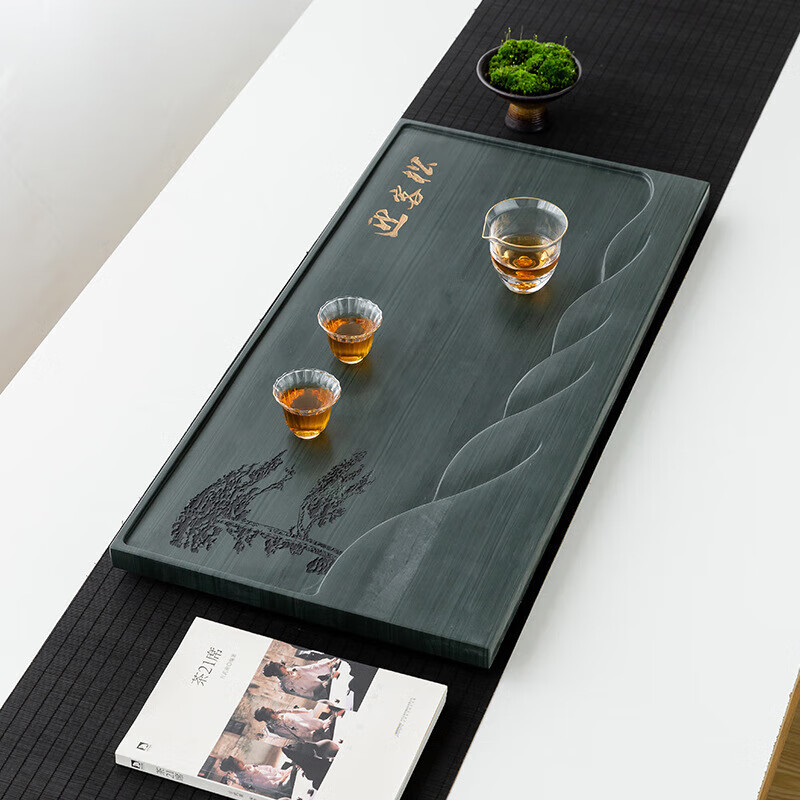 茗茶源国画石茶盘天然绿檀木纹家用简约整块石头茶台大茶道轻奢排水