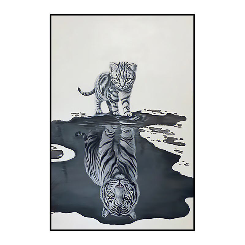 装饰画玄关手绘油画新中式客厅倒影挂画写实动物 黑白色老虎和小猫咪
