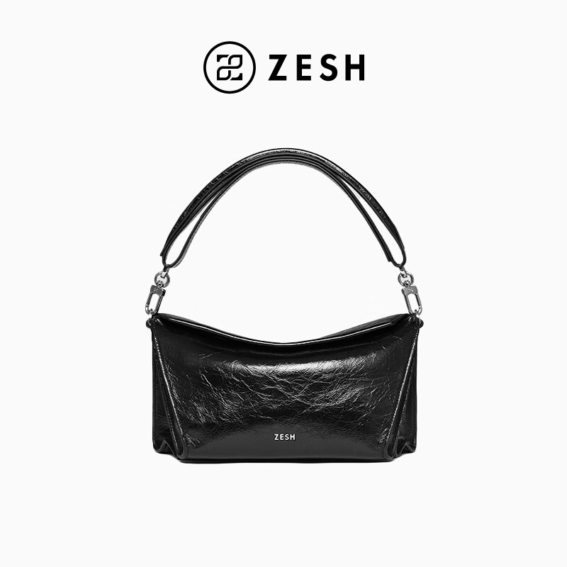 ZESH/泽尚 游云中号单肩牛皮腋下包 通勤大容量手拎包女七夕礼物 黑色
