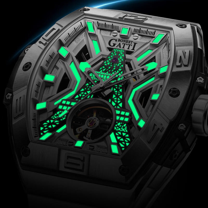 布加迪（BONEST GATTI）德国手表男士全自动机械名表夜光镂空腕表情人节新年礼物送男友 BG5001-R2 银壳黑面黑胶带