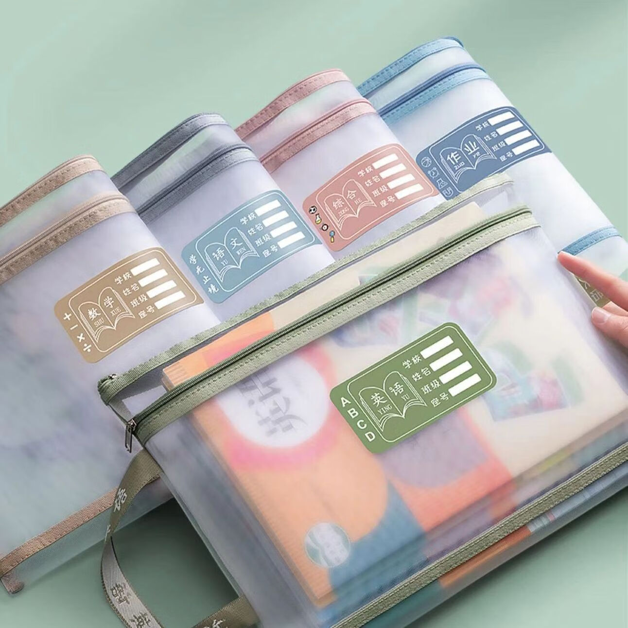 一树梨花 学科科目分类文件袋 拉链式双层大容量小学生初高中生作业课本手提袋透明网纱拎书资料试卷收纳袋 【老师推荐】双层/5个装/语+数+英+作业+综合