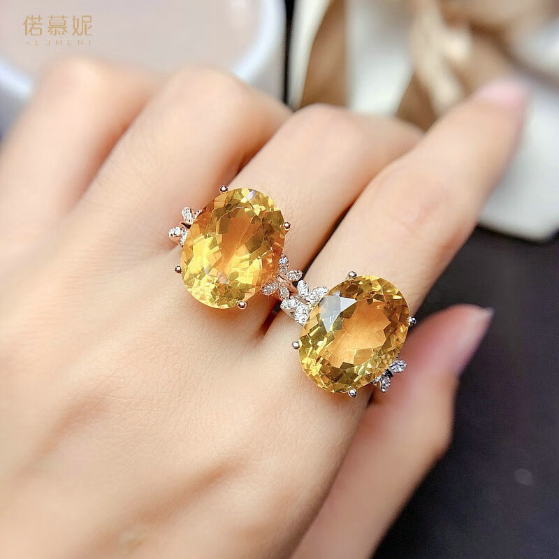 偌慕妮天然黃水晶戒指原礦寶石S925純銀時尚個性玫瑰金指環(huán)開口帶證書