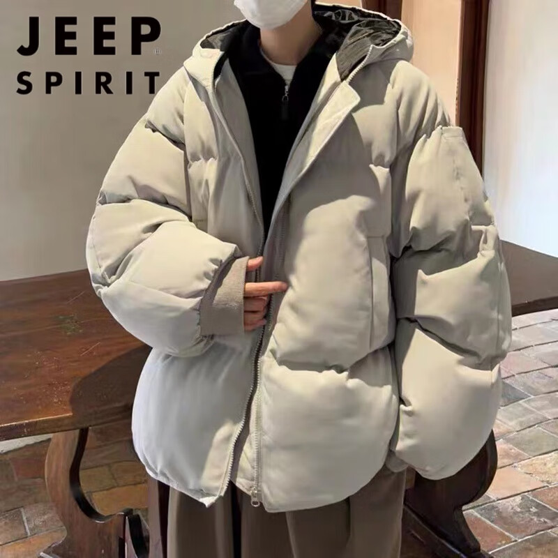 JEEP SPIRIT秋冬新款潮国潮宽松羽绒服男连帽加厚纯色百搭学生面包大码 浅灰色 XL -120-140斤