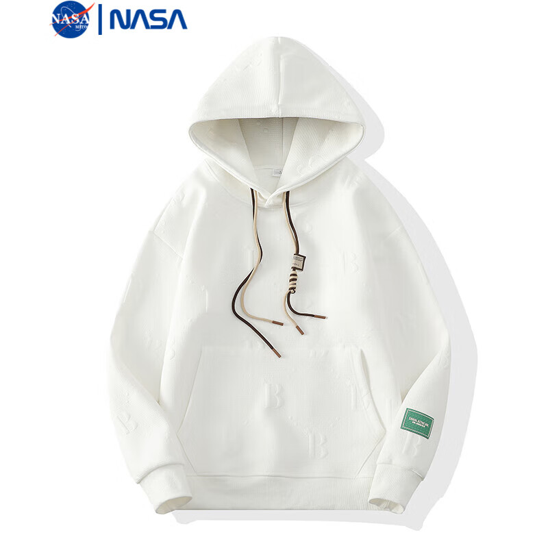 NASAMITOO连帽提花字母卫衣男2024秋季新款宽松休闲简约百搭上衣 白色 2XL