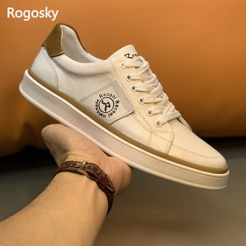 rogosky香港潮牌男鞋夏季牛皮透气休闲板鞋男式简约拼色软底舒适系带