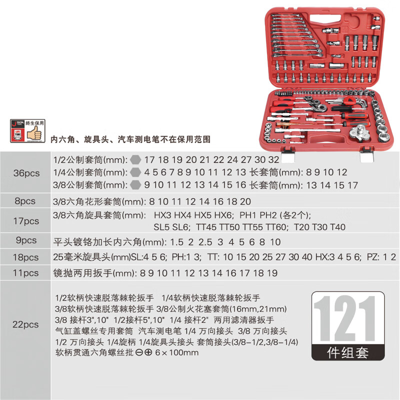 捷科工具121件汽修工具組套 多功能套筒棘輪扳手套裝車(chē)載工具箱 121件套原裝款[SK-121SP]