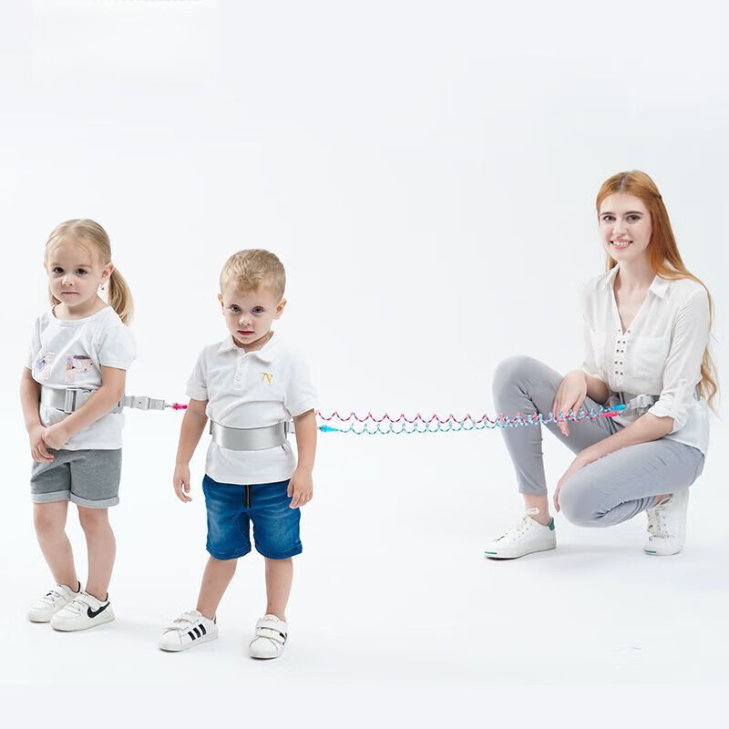 CLCEY双胞胎防走丢牵引绳儿童防走失绳一拖二安全手环学步溜娃牵引绳 粉绿两宝变形手环款 2.5米