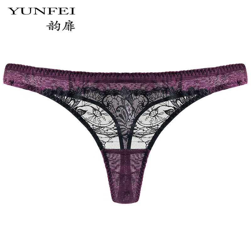 韵扉高端新款真丝性感丁字裤女透明蕾丝感真丝内裤女网纱拼接 梦幻紫