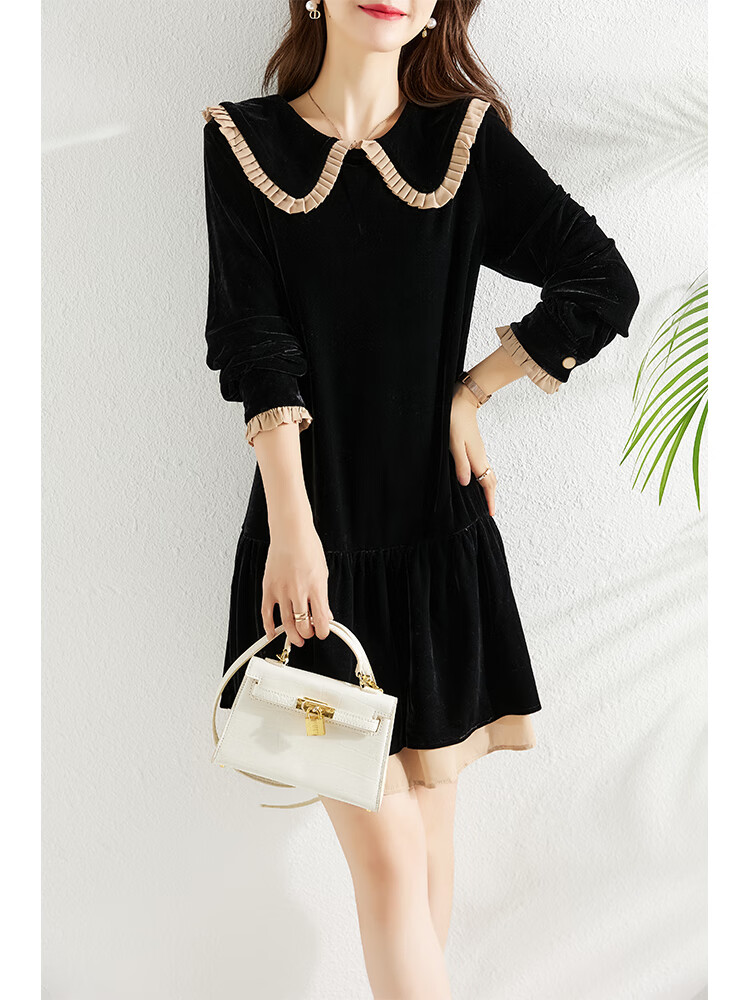 楼兰轻奢侈 品牌气质娃娃领丝绒连衣裙女春季2024新款小个子宽松女装