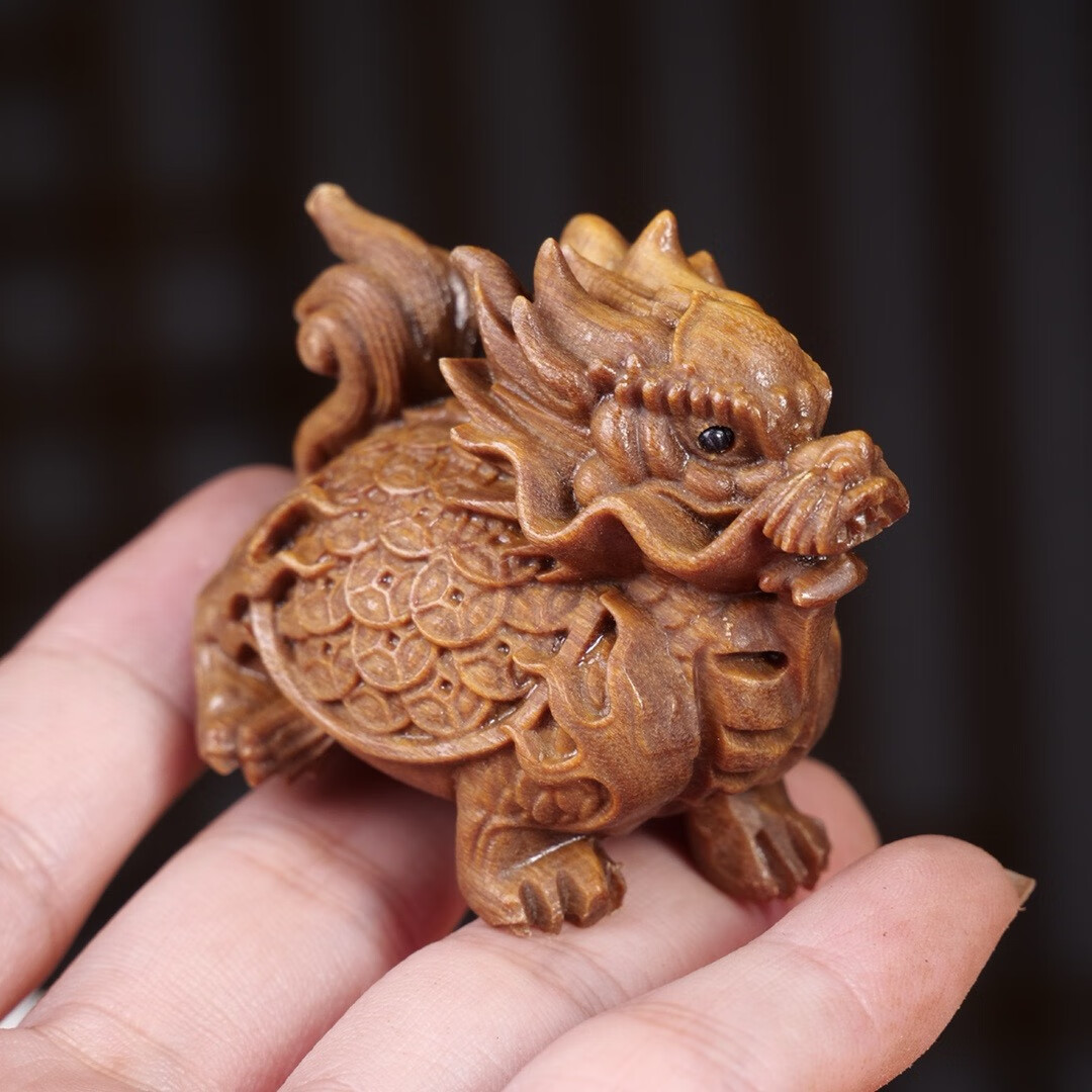 绿檀木玄武招财龙龟摆件木雕工艺品瑞兽家居办公室摆设装饰品实木