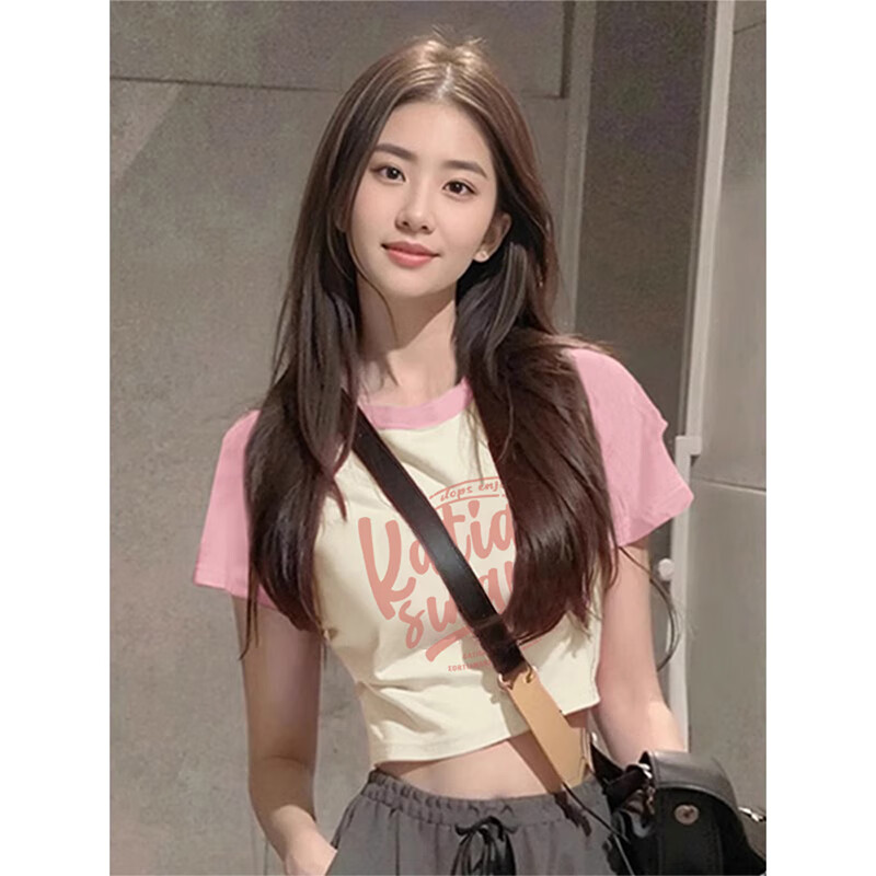 LDBE美式甜辣拼色插肩短袖t恤女夏季修身显瘦今年流行的露脐短款上衣
 粉色拼杏色 S
