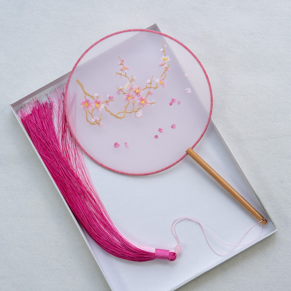 雅空桃花挽月舞扇子长流苏国风古典舞圆扇刺绣花团扇跳舞桃花扇子定制