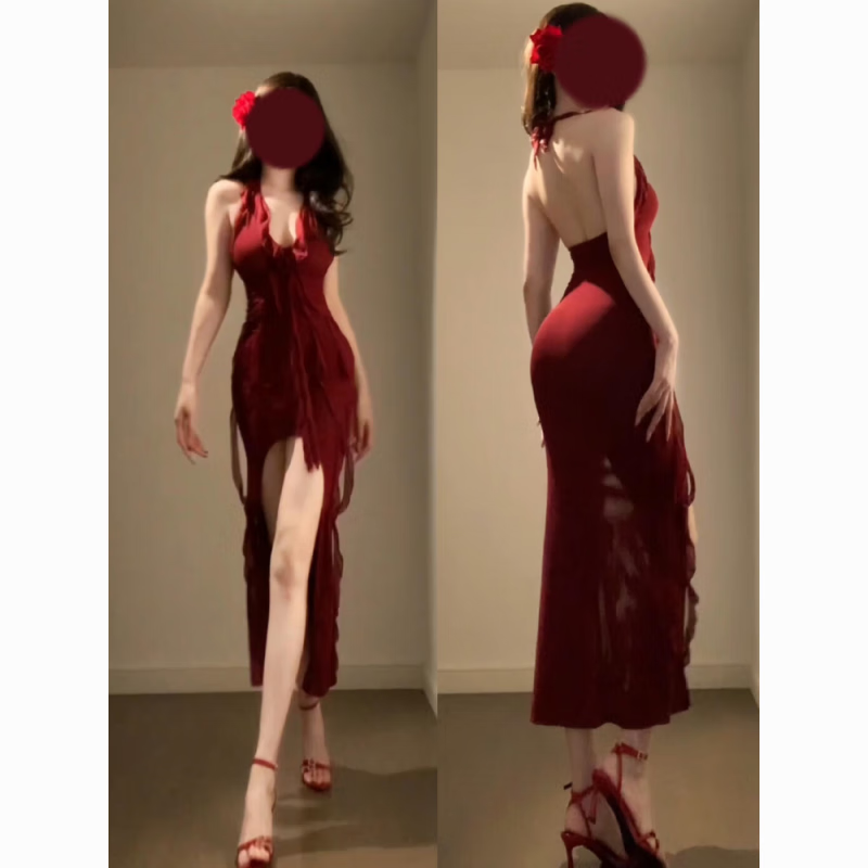 憶靜萱（YIJINGXUAN）微胖風(fēng)情萬種紅色掛脖v領(lǐng)連衣裙女夏季性感開叉輕禮服長裙女夜店 主圖款 M 95-105斤